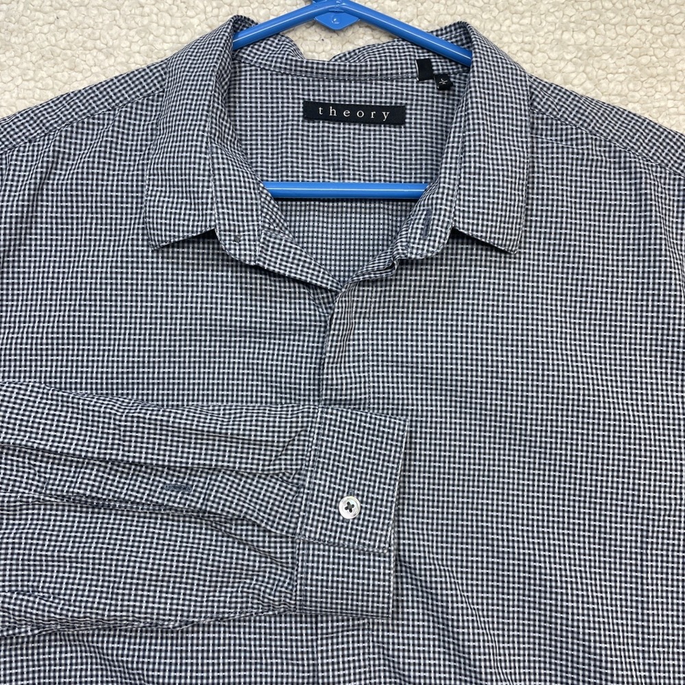 Theory Button Down Men L Navy White Gingham Micro Check Long Sleeve Shirt Cotton